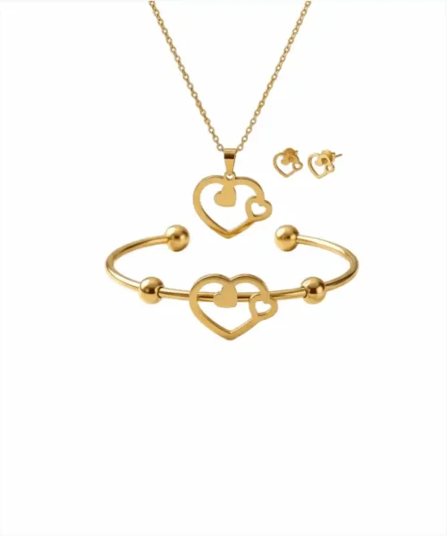 Conjunto de joias de 3 peças "Coração Vazado" Aço inoxidável banhado a ouro