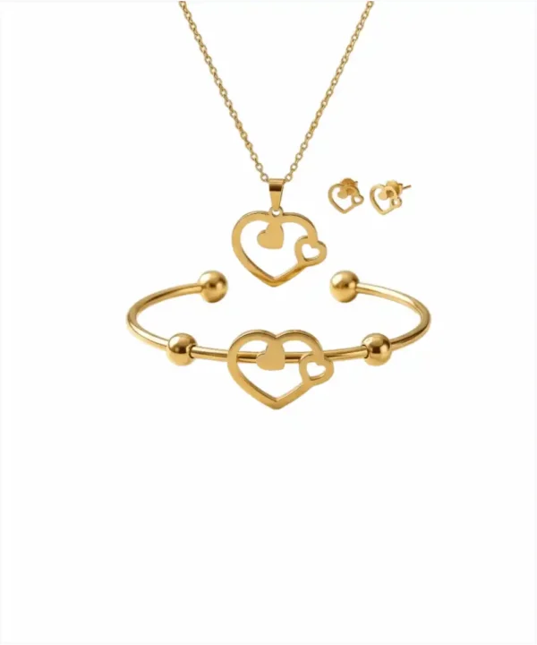 Conjunto de joias de 3 peças "Coração Vazado" Aço inoxidável banhado a ouro