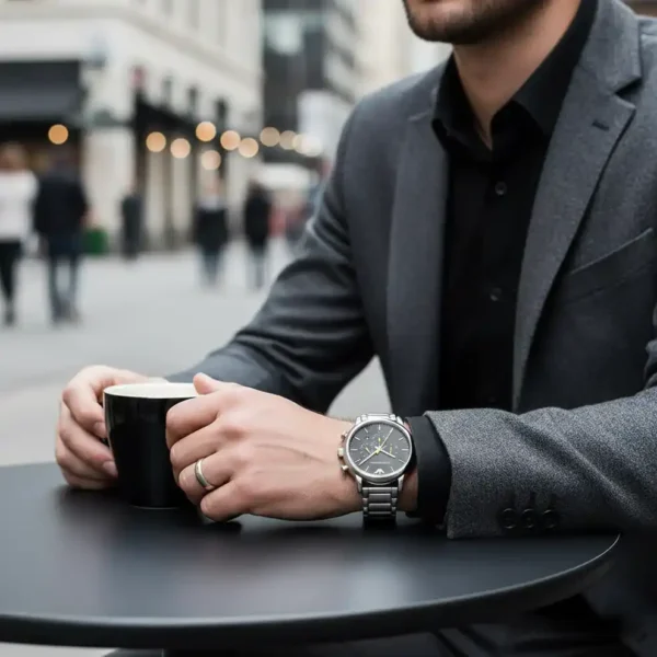 Relógio Emporio Armani com Mostrador Preto e Pulseira de Aço Prateado Homem AR11324