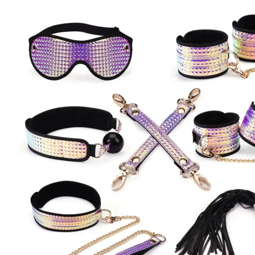 Kit Bondage 7 peças rosa brilhante com forro macio de veludo para iniciantes