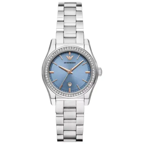 Relógio Feminino Emporio Armani Federica Três Ponteiros Mostrador Azul Pulseira Aço Prateado AR11593