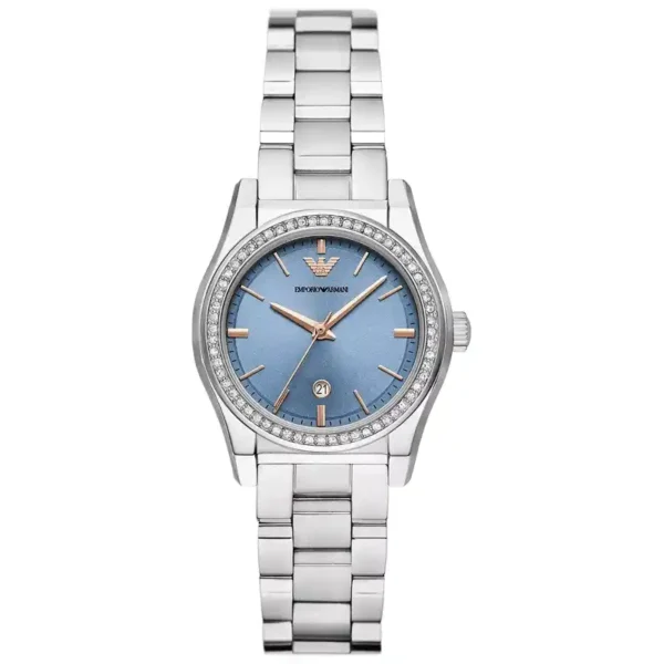 Relógio Feminino Emporio Armani Federica Três Ponteiros Mostrador Azul Pulseira Aço Prateado AR11593