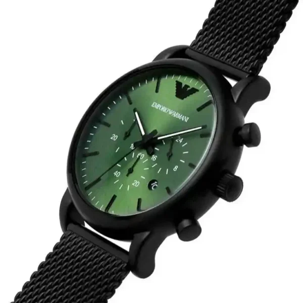 Emporio Armani Luigi Chronograph Relógio com pulseira de malha preta com mostrador verde para homens AR11470