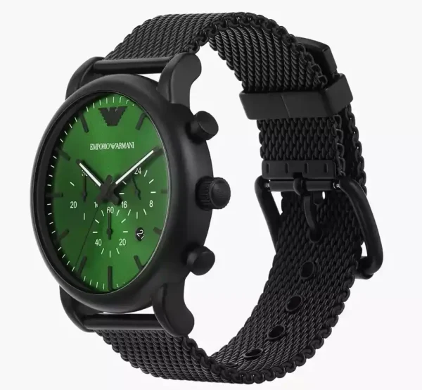 Emporio Armani Luigi Chronograph Relógio com pulseira de malha preta com mostrador verde para homens AR11470