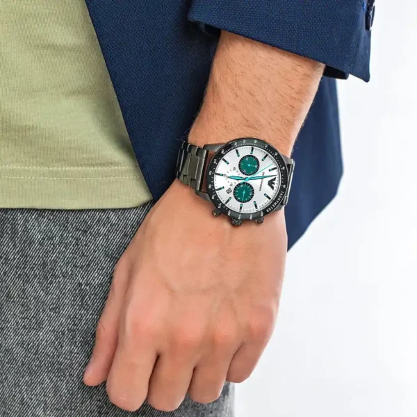 Relógio Emporio Armani Mario Chronograph com mostrador branco e pulseira de aço preta para homens AR11471
