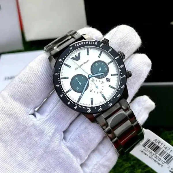 Relógio Emporio Armani Mario Chronograph com mostrador branco e pulseira de aço preta para homens AR11471