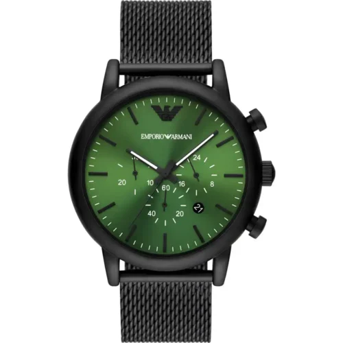 Emporio Armani Luigi Chronograph Relógio com pulseira de malha preta com mostrador verde para homens AR11470