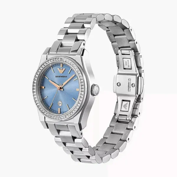 Relógio Feminino Emporio Armani Federica Três Ponteiros Mostrador Azul Pulseira Aço Prateado AR11593