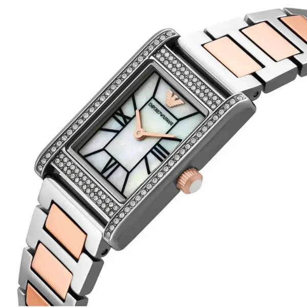 Relógio Emporio Armani Genni com mostrador em madrepérola e pulseira bicolor em aço para mulheres AR11626