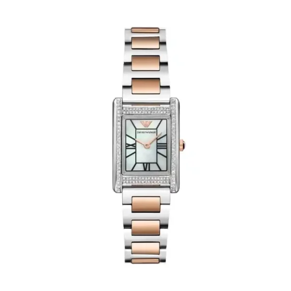 Relógio Emporio Armani Genni com mostrador em madrepérola e pulseira bicolor em aço para mulheres AR11626