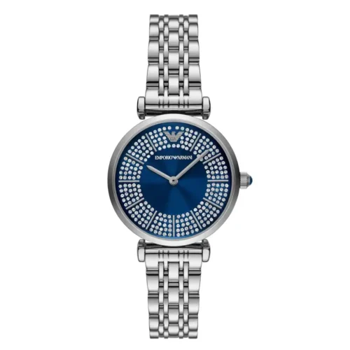 Relógio Emporio Armani Gianni T-Bar com mostrador azul e pulseira de aço prateada para mulheres AR11627