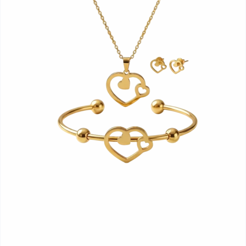 Conjunto de joias de 3 peças "Coração Vazado" Aço inoxidável banhado a ouro