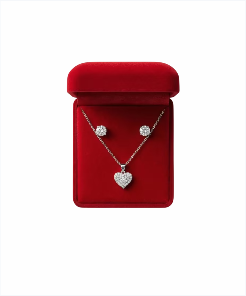Conjunto de Joias Colar de Coração e Brincos de Strass + Caixa de Presente