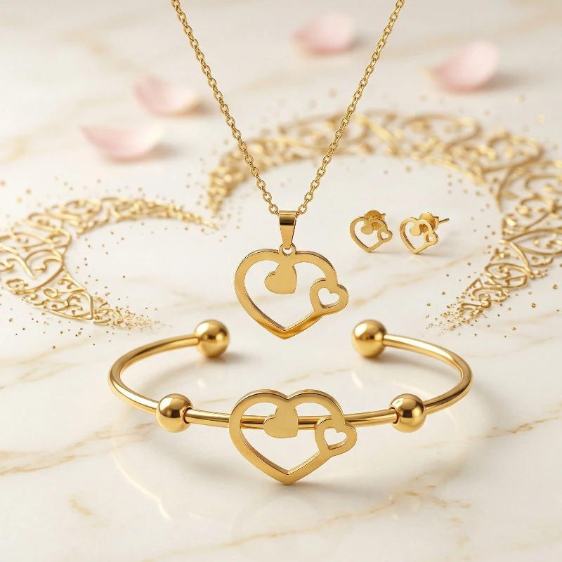 Conjunto de joias de 3 peças "Coração Vazado" – Aço inoxidável banhado a ouro